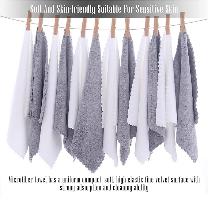TENSTARS 12 Pack Premium Washcloths Set - Quick Drying- Soft Microfiber Coral Velvet Highly Absorbent Wash Clothes - Multipurpose Use as Bath, Spa, Facial, Fingertip Towel (Grey and White)