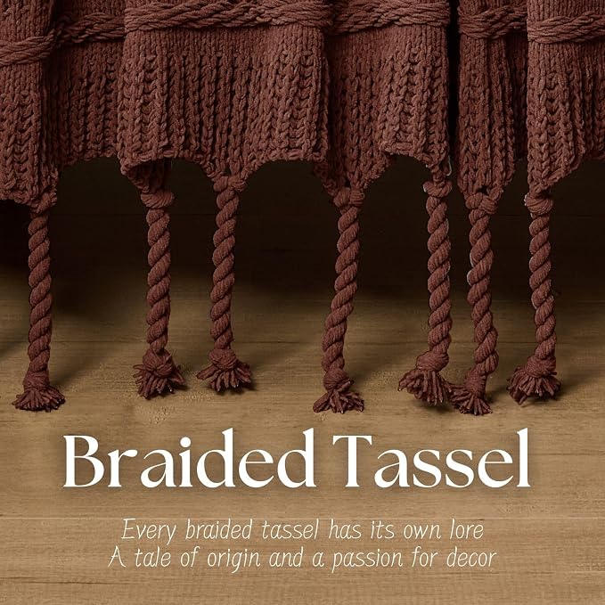 Boho Knitted Chenille Blanket with Tassels - Lightweight & Soft All-Season Throw - 3D Classic Pattern for Living Room Bedroom Couch, Copper Brown, King 90"x108"