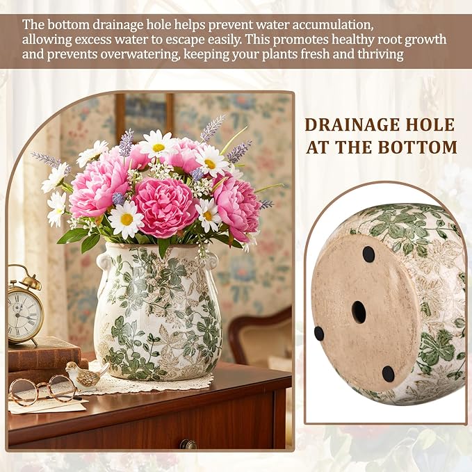 Ceramic Scroll Planter 6.5 Inch Chinoiserie Floral Vase with Drainage Holes Vintage Flower Vase Flower Pot Rustic Ceramic Pots for Indoor Plants Garden Home Bookshelf Decor(Double Green)