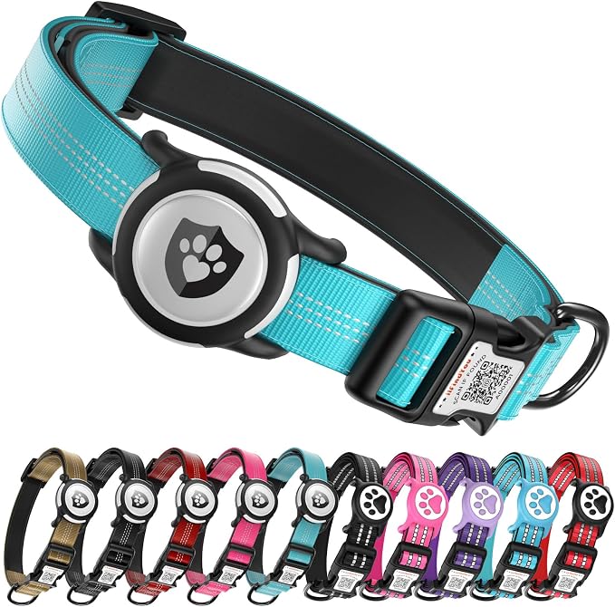 Waterproof AirTag Dog Collar with QR Code Dog Tag, Blue XS | IP68 waterproof, QR code dog tag, Anti-Lost, Online profile, fits XS-L (8"-26"), Padded nylon, Reflective, No App, No Fees