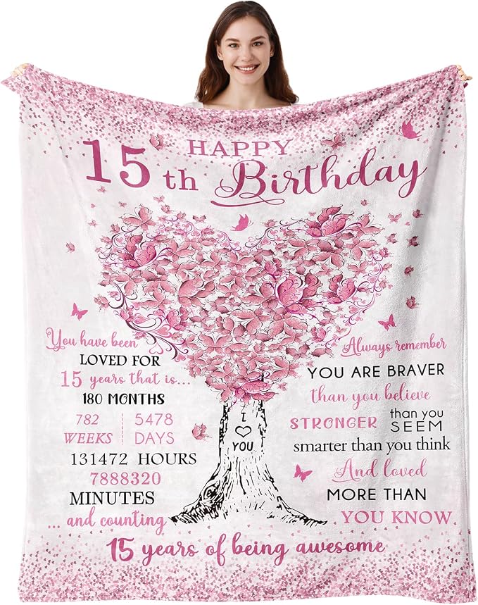 Vuinezo 15 Year Old Girl Gifts Blanket 50"X60", 15th Birthday Decorations for Girls, Quinceanera Gift, 15th Birthday Gifts for Teen Girls, Bday Gift for 15 Year Old Girl, Sweet 15 Bday Decorations