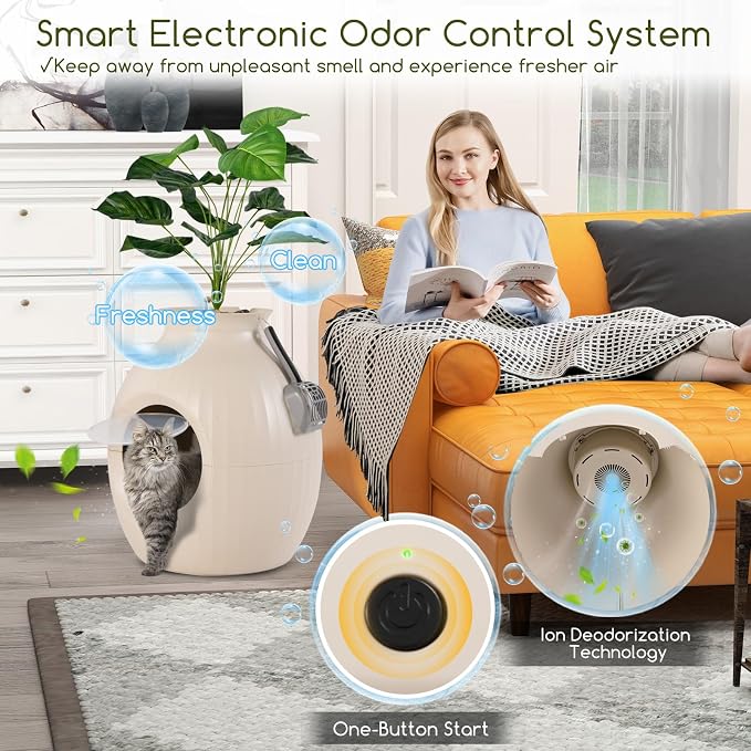 Tangkula Hidden Litter Box Plant, Cat Litter Box Enclosure Furniture with Odor Removal System, 4 Modes Lights, Artificial Plant, Pebbles, Door, Scoop, Planter Litter Box for Large Cats, Easy to Clean