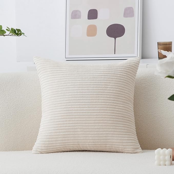 Home Brilliant Striped Velvet Corduroy Euro Throw Pillow Sham Large Cushion Cover for Chair Couch Bench Bed Floor Summer Decor, 24 x 24 inch (60cm), Cream Cheese