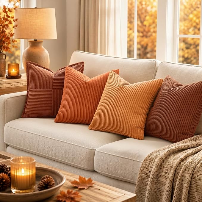 MIULEE Fall Lumbar Corduroy Throw Pillow Covers Set of 2 12x20 Orange | Decorative Striped Textured Cushion Cases, Boho Energetic Vibe Pillowcases, Home Decor for Couch Chair Sofa Bed Living Room