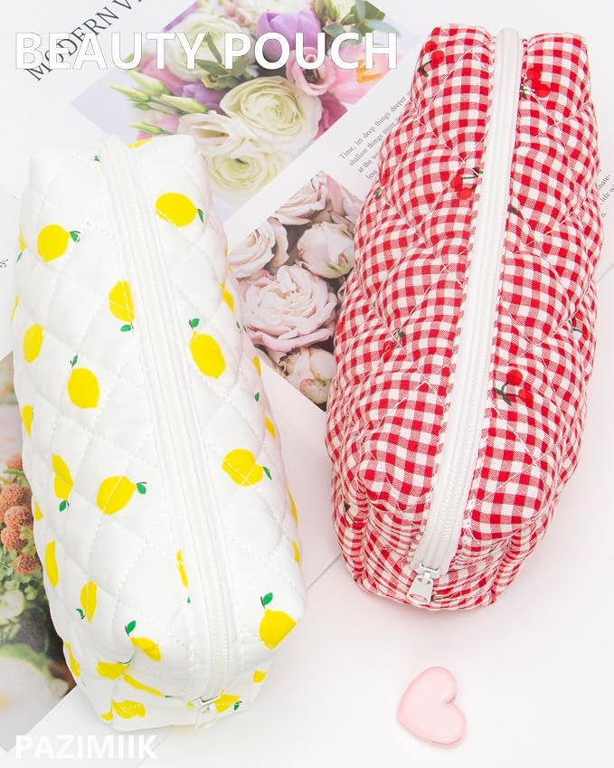 PAZIMIIK Small Quilted Makeup Bag,Zipper Cosmetic Pouch,Lemon White | Lightweight Cosmetic Bag Organizer for Women,Purse Storage Holds Makeup,Toiletries,Skincare,Beauty Essentials,Travel Items