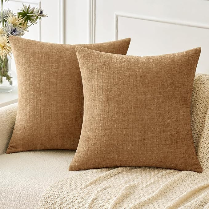 MIULEE Chenille Fall Throw Pillow Covers Apricot Brown 18x18 Pack of 2 | Modern Fall Home Decor, Classic Decorative Pillows, Solid Dyed Cases, Boho Couch Cushion Covers for Sofa Bed Living Room