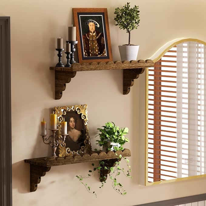 Scalloped Wood Wall Shelf – 17 Inch Floating Shelf with Wood Brackets, Easy to Install Rustic Wall Shelf for Living Room, Bedroom, Bathroom, or Any Space
