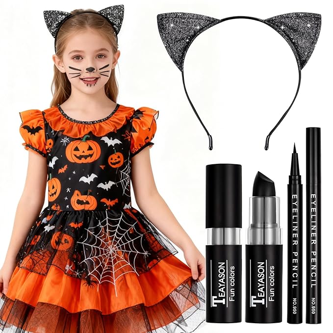 Halloween Black Cat Makeup Kit, Ears Headband, Lipstick, and Eyeliner, Costume Accessories for Black Cat Cosplay Party SFX Makeup