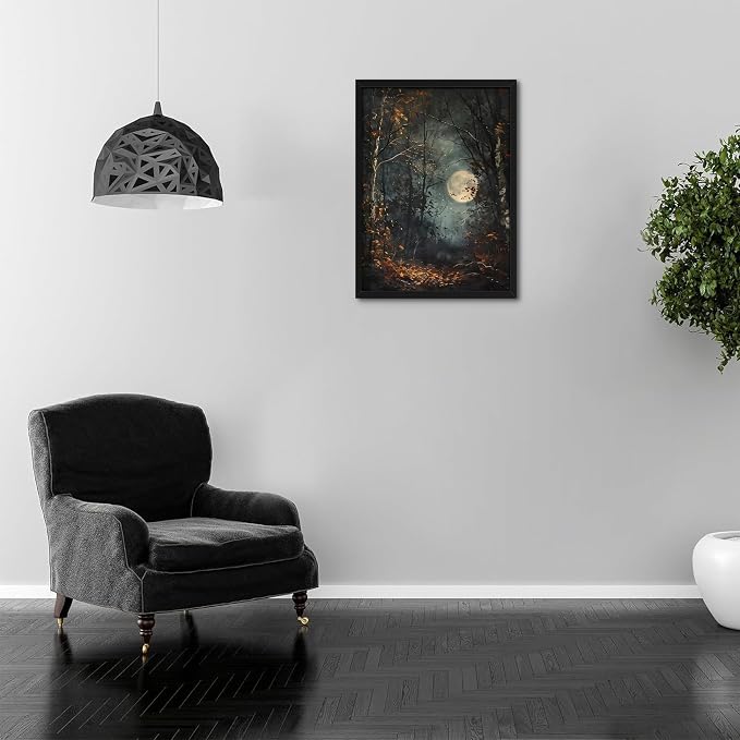 Vintage Framed Wall Art, Forest Gothic Decor, Dark Academia Celestial Moon Canvas Prints, Moody Landscape Painting Wall Decor for Living Room Bedroom – Black Wooden Frame 12x16in