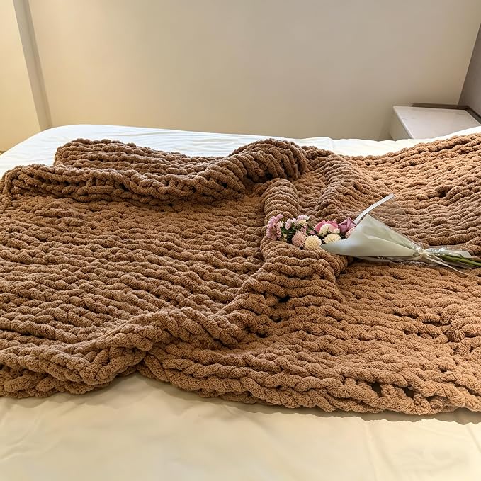 Soft Chunky Knit Throw Blanket for Couch, Cozy Warm Knitted Blankets | Hand Knit with Jumbo Chenille, Lightweight Warm Fluffy Decor for Women, Mom, Her & Girls,Sofa,Chair,Bed,48"×71"(Light Brown)