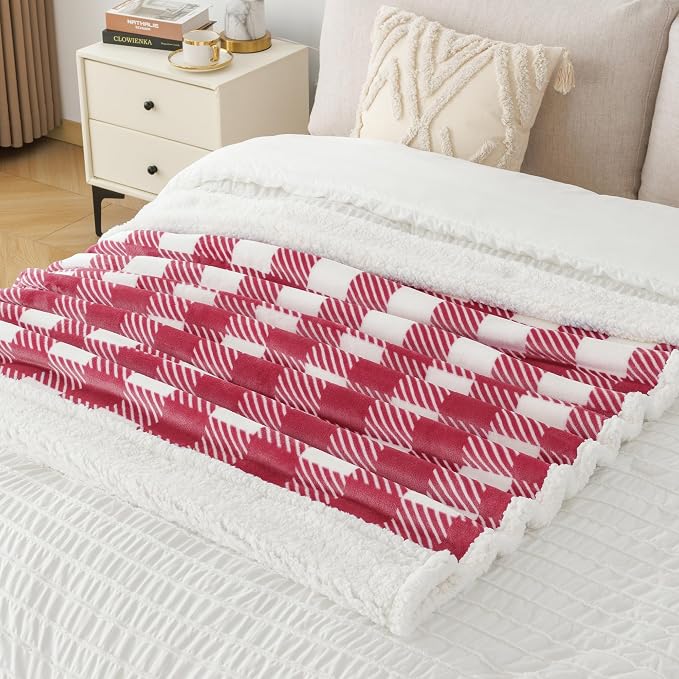 Sherpa Plaid Twin Blanket 60" X 70", Fuzzy Fluffy Soft Cozy Throw Blanket, Twin Size Plush Fleece Flannel Plush Microfiber Blanket for Couch Bed Sofa (RustRed)