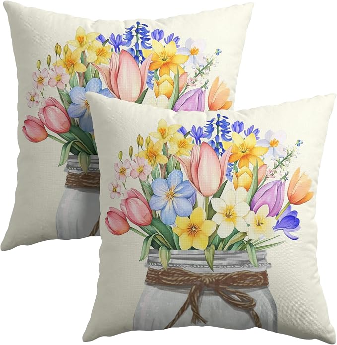 Kawani Spring Floral Throw Pillow Covers 20x20 Inch, 2 Pcs Watercolor Tulip Lavender Flower Mason Jar Double Side Square Pillowcases Cotton Linen Cushion Cover for Couch Sofa Home Decor