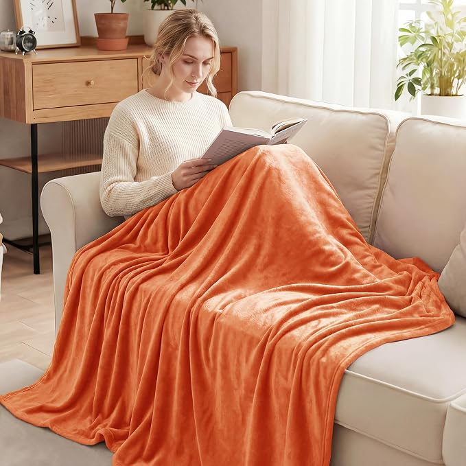 Exclusivo Mezcla Soft Fleece Blanket Queen Size for Bed, Burnt Orange | 90x90 Inches, Double-Sided Brushed Flannel, Lightweight Plush Cozy Blanket for Home Decor, All Season, Machine Washable
