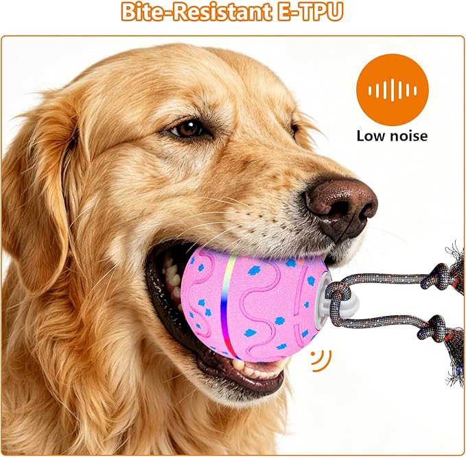 Interactive Dog Ball Toy with 2 Rope, Automatic Rolling & Bouncing Smart Dog Toy with Bird Chirping Sound and LED Light, Soft ETPU Chew-Safe Material, USB Rechargeable, for Medium & Large Dogs