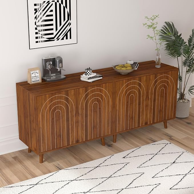 weselon Accent Cabinet with Carving Lines, Modern Buffet Sideboard with Adjustable Shelves, Decorative Storage Cabinets for Bedroom Living Room Kitchen Office and Hallway (Walnut, 1)