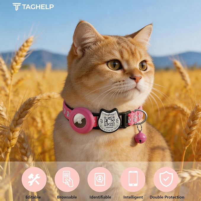 Cat Collar with AirTag Holder, QR Code Tag and Bell (Rose red, Paw Pattern)