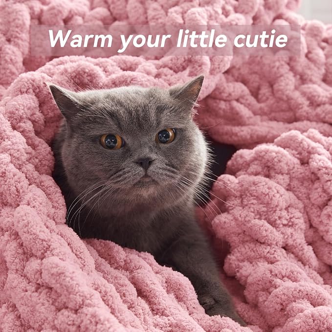 Negwoo Chunky Knit Throw Blanket, Knitted Throw Chenille Yarn, 60"*80" | Soft Thick Cable Knitted Blankets, Handmade Big Thick Blanket, Machine Washable Cute Comfy Blanket for Home Decor, Light pink