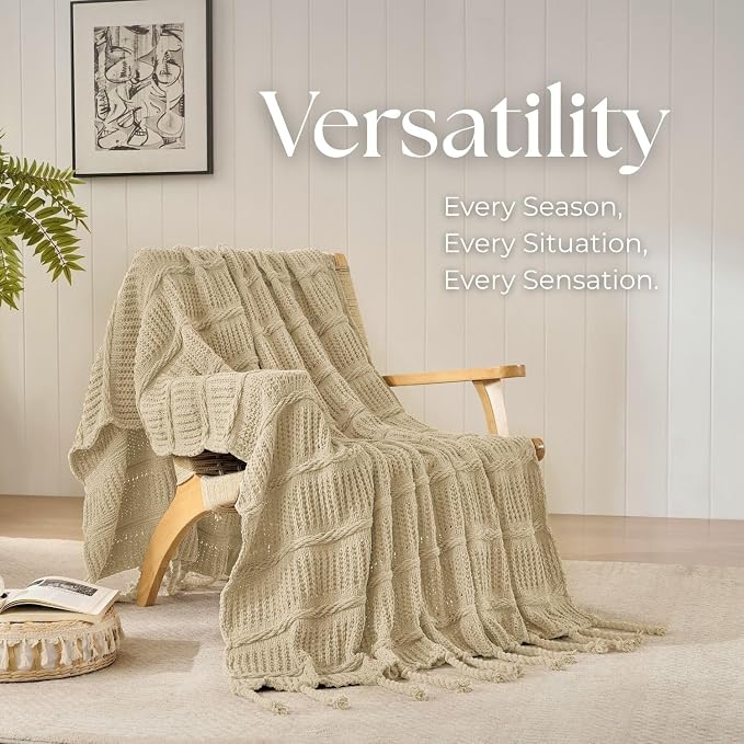 Boho Knitted Chenille Blanket with Tassels - Lightweight & Soft All-Season Throw - 3D Classic Pattern for Living Room Bedroom Couch, Sandy Beige, King 90"x108"