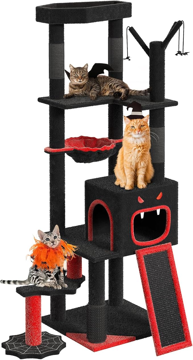 YITAHOME Gothic Cat Tree with Coffin Bed, 60" Tall Cat Tower for Indoor Cats with Top Perch, Spacious Cat Condos, Spider Hanging Balls,Comfy Basket, Scratching Post and Ladder, Black Halloween