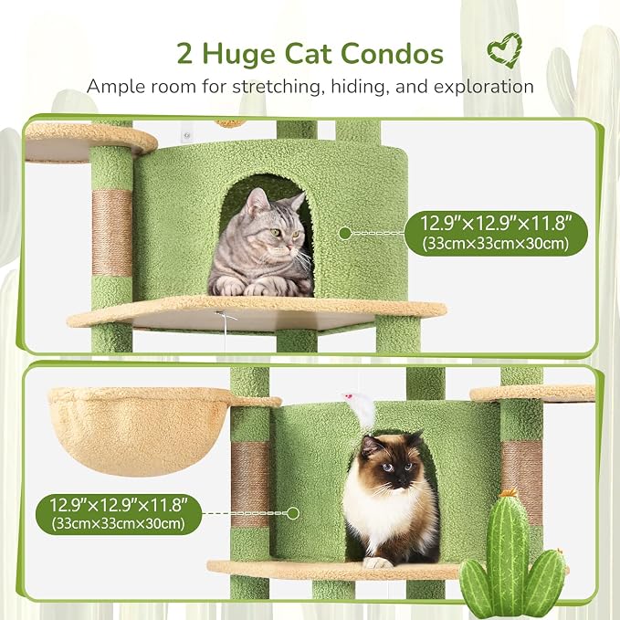 Globlazer 66in Cactus Corner Cat Tree for Indoor Large Cats, C66, Green | Space-Saving Stable Green Cat Tower with 6 Scratching Posts, 2 Large Fan-shaped Condos & Top Perch, Hammock, Climbing Steps