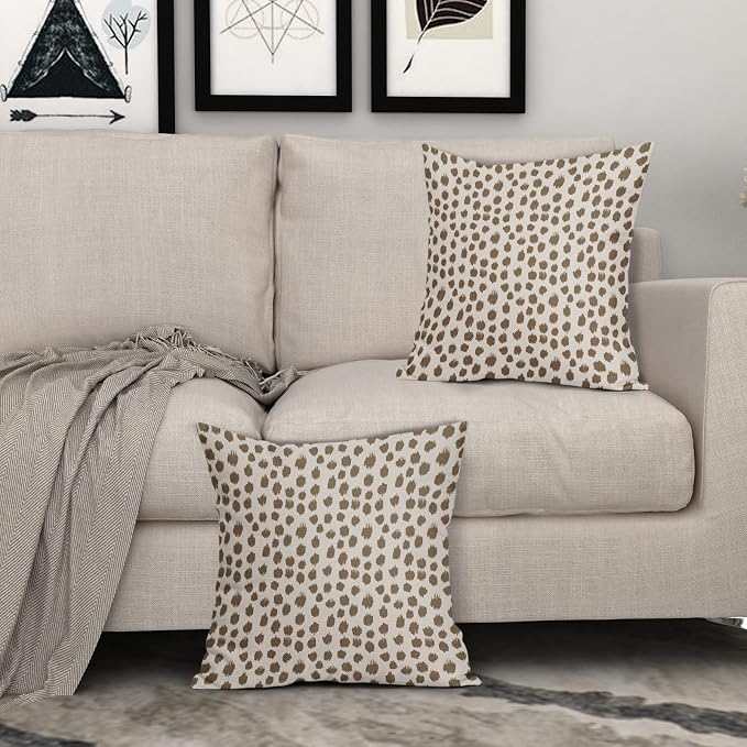 Brown Cream Pillow Covers 18x18 Set of 2 Boho Design Polka Dot Throw Pillows Modern Brush Strokes Print Decorative Outdoor Pillowcase Square Cushion Cover Linen Pillow Case for Home Sofa Couch Bed