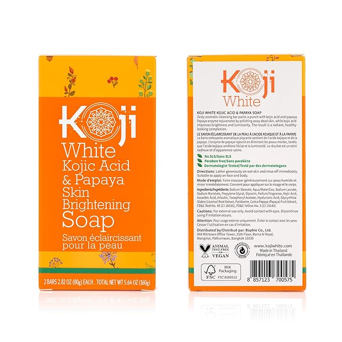 Koji White Kojic Acid & Papaya Skin Brightening Soap, Exfoliating Facial Bar, Radiant Skin, Rejuvenates, Moisturizer, Even Tone Cleansing Bar with Hyaluronic Acid, Vegan Soap, 2.82 oz (2 Bars)