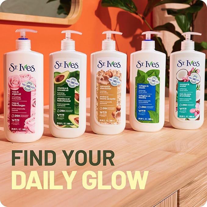 St. Ives Renewing Hand & Body Lotion for Women with Pump, Daily Moisturizer Collagen Elastin for Dry Skin, Made with 100% Natural Moisturizers, 21 fl oz, 4 Pack