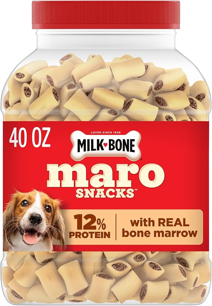 Milk-Bone MaroSnacks Peanut Butter Flavor Dog Treats, 40 oz Canister | Made with real bone marrow, crunchy outside & meaty flavor inside, 9.5 calories each, training treats, artificially flavored