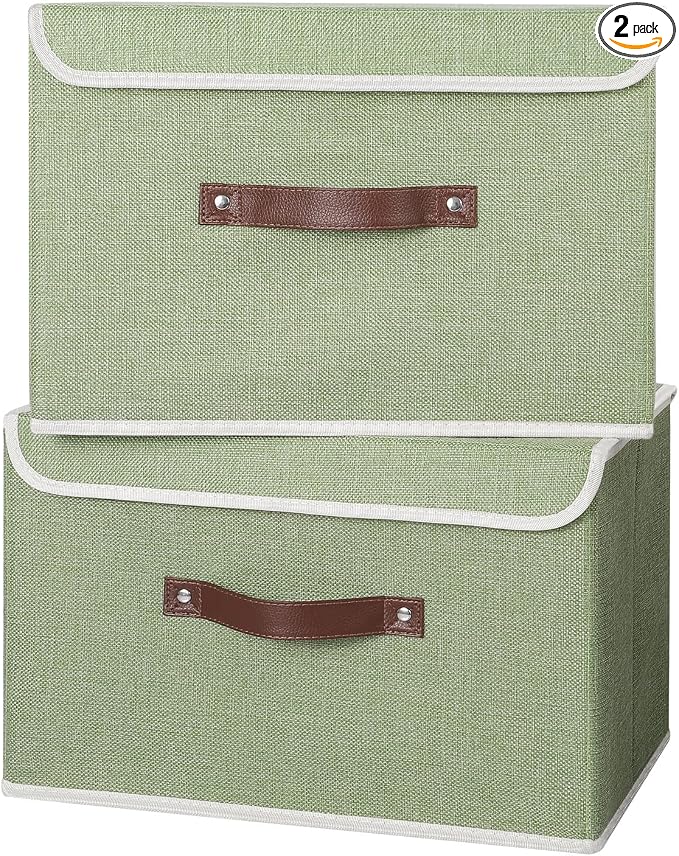 ANMINY Fabric Storage Box Bins with Lids, Green, 15"x10"x10", 2 Pack | Keepsake Memory Storage, Cotton Linen, PP Board Reinforced, Washable, PU Handles, Foldable & Stackable, Decorative, Large