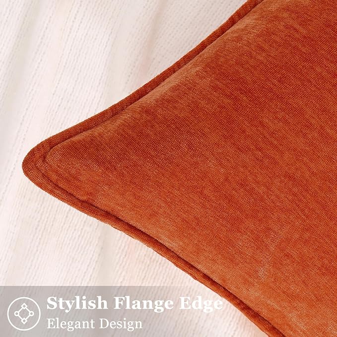 decorUhome Chenille Rust Velvet Throw Pillow Covers 24x24 Set of 2 | Fall Soft Euro Sham Couch Decorative Modern Farmhouse Pillow Cases with Elegant Design for Sofa Bed Living Room Home Decor
