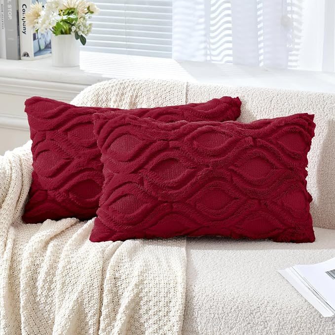 MIULEE Christmas Wine Red Plush Faux Wool Lumbar Throw Pillow Covers 12x20 | Set of 2, Farmhouse Boho Home Decor, Decorative Cushion Covers for Sofa, Living Room, Bed