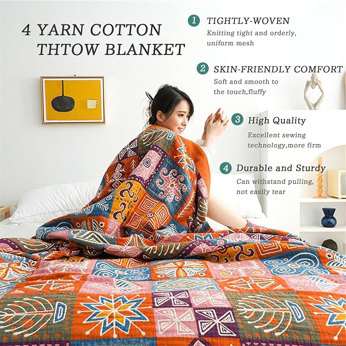 MSGKV Boho Throw Blanket 80"x90" 100% Cotton Checkered Throw for Bed Couch | 100% Cotton Throw, Checkered Pattern, Reversible Woven, Lightweight Comfort, Farmhouse Decor, All Seasons, Machine Washable