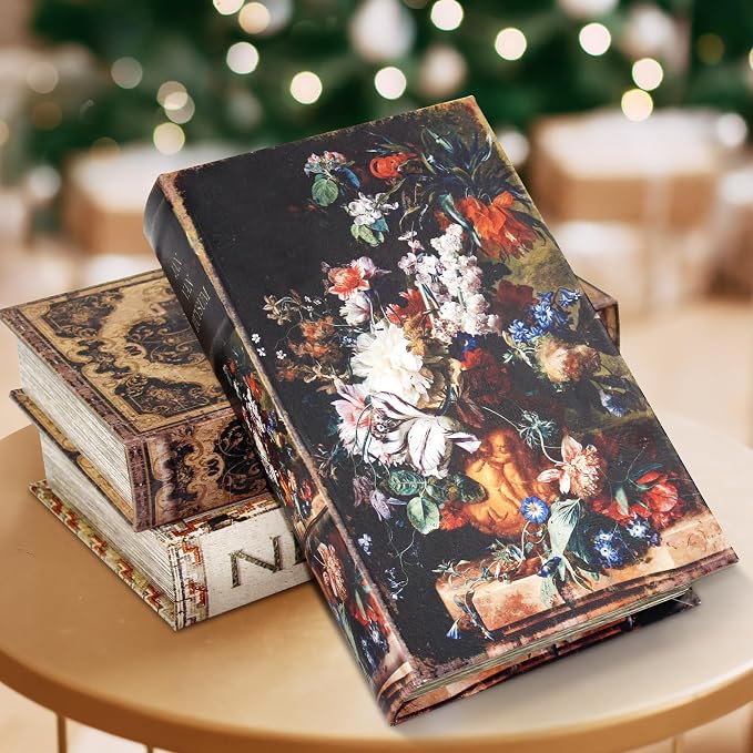 Book Box Decorative Storage Box,Fake Books for Home Decoration | Faux Wood with Magnetic Close Storage for Hidden Jewelry,Photos, Greeting Cards,Remotes, Oil Painting M Size Box
