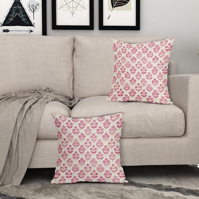 Hot Pink Floral Pillow Covers 18x18 Inch Set of 2, Vintage Flower Block Print Pattern Decorative Throw Pillowcases Outdoor Farmhouse Cushion Covers Spring Summer Rustic Sofa Couch Bed Decor