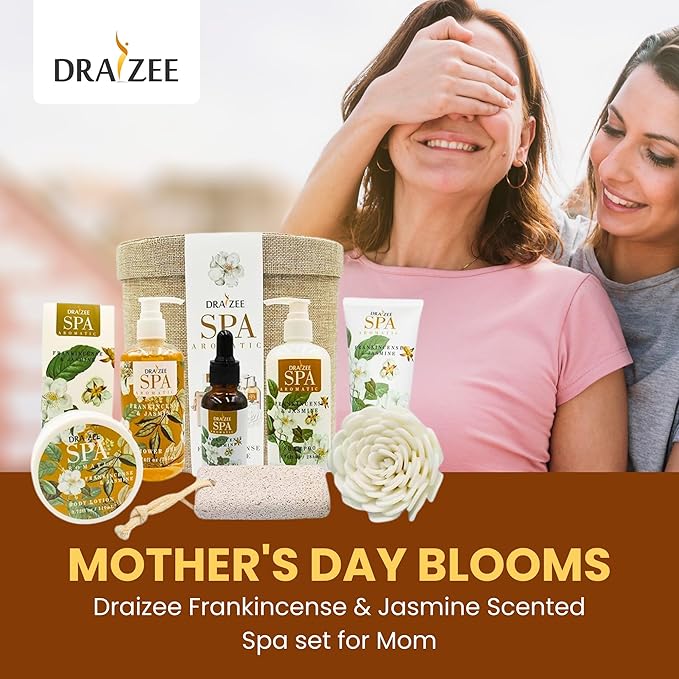 Mother’s Day Gift Baskets for Women- 9 Pcs Frankincense & Jasmine Scented Bath and Body Spa Self Care Kit, Relaxing Bath and Body Set, Home Spa Gifts for Her by Draizee