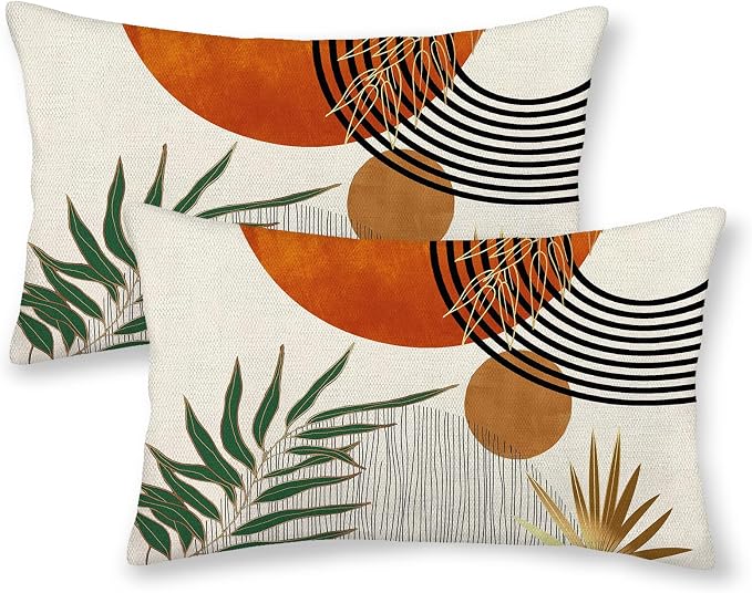 Boho Pillow Covers 12x20 Set of 2 Green Gold Orange Throw Pillows Tropical Leaves Sunset Modern Mid Century Decorative Pillowcase Outdoor Bohemian Linen Cushion Case for Couch Sofa Bed Decor