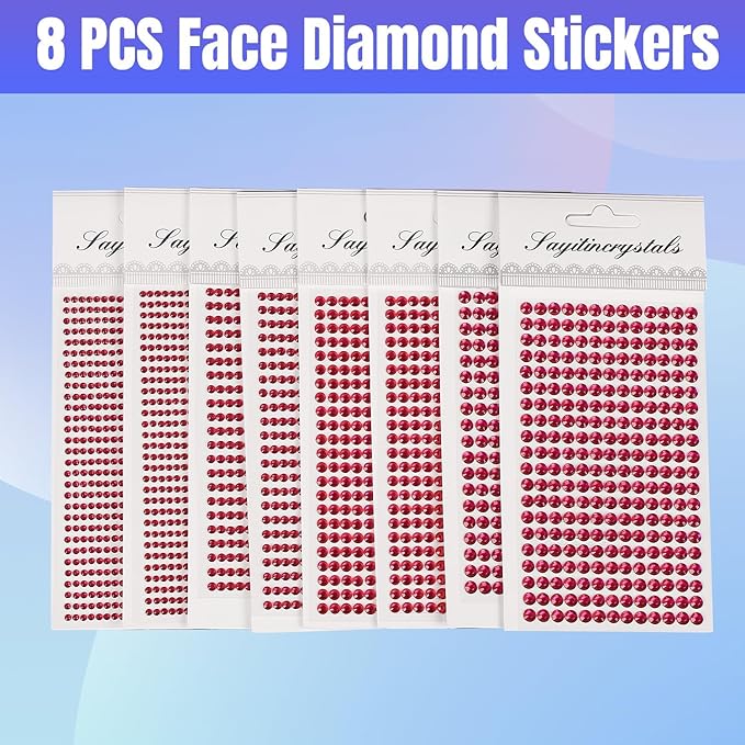 8 Sheets Rhinestone Stickers，3584 Pcs Gem Stickers for DIY Face Eyes Makeup Hair（Rose Red-3/4/5/6mm）