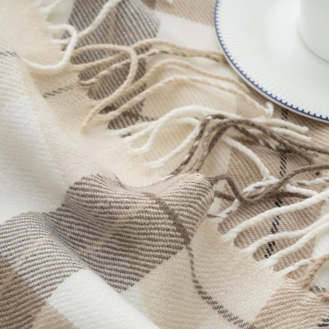 Fall Plaid Throw Blanket for Couch, Farmhouse Throw Blanket 49"x63" | Lightweight Beige Throw Blanket, Super Soft WovenThrow with Tassels, Cozy, Neutral Fall Decor Home Decor