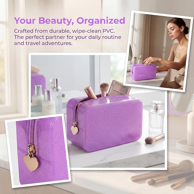 RSRSLEII Stardust Twinkle Jelly Travel Makeup & Toiletry Bag, Waterproof PVC Cosmetic Bag/Case for Women，Zipper SPF Beach Bag for Sunscreen Skincare and Daily Essentials (03Purple)