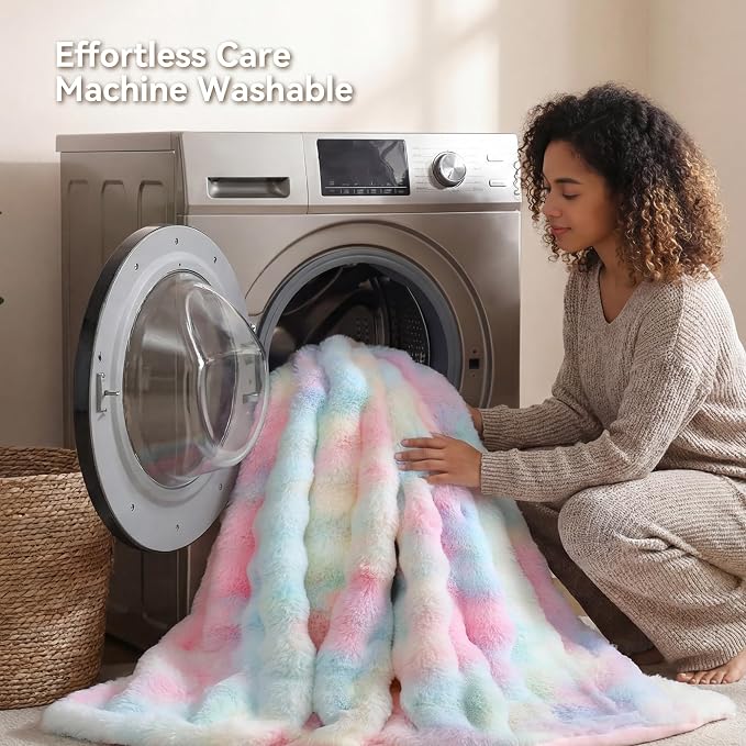 Faux Rabbit Fur Throw for Couch - Rainbow Bubble Blanket 50"x60" | Fluffy Plush Fuzzy Colorful Throw for Sofa & Bed, Super Soft Cozy Comfrt Blanket, Luxury Rainbow Decor Gift for Women