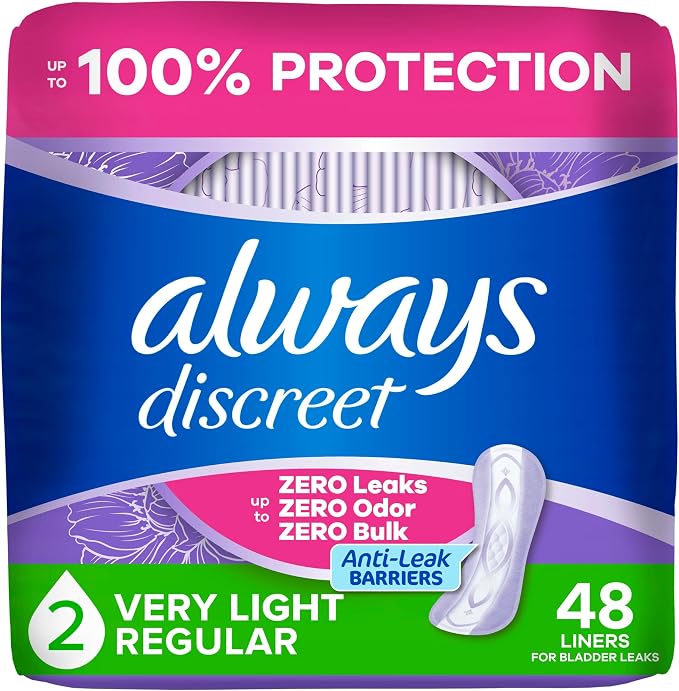 Always Discreet Incontinence Panty Liners for Women with Bladder Leaks, Size 2, Very Light Absorbency, Regular Length, Up to 100% Bladder Leak Protection 48 CT