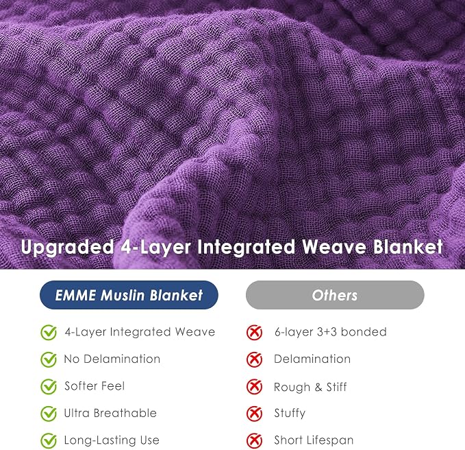 EMME Muslin Blankets for Adults Throw Blanket for Couch Breathable Gauze Soft Lightweight Airy Purple Twin XL 66" x 90"