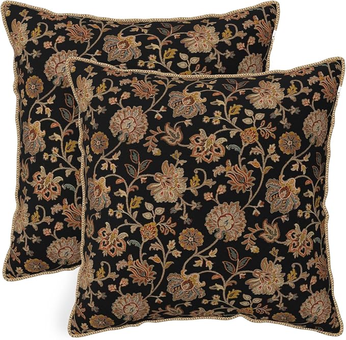 Vintage Tapestry Floral Soft Velvet Throw Pillow Covers Set of 2 Black Brown Bohemian Boho Carpet Flowers Decorative Pillow Covers 16x16 Inch Rustic Retro Rug Pillow Case For Sofa Couch Home Decor