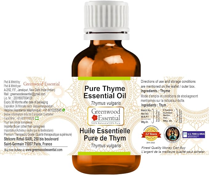 Greenwood Essential Thyme Essential Oil (Thymus vulgaris) Steam Distilled (Pack of Three) 100ml X 3 (10.1oz)