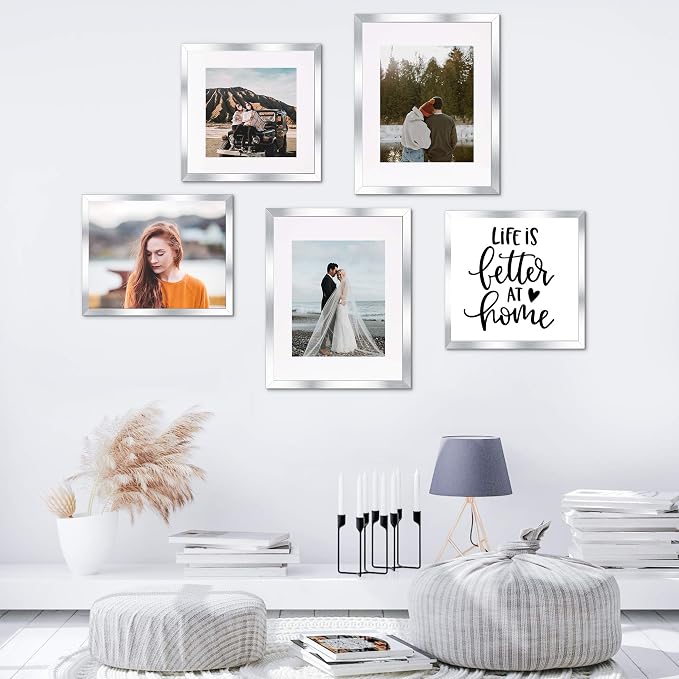 upsimples 8x10 Picture Frame, Gallery Wall Frames Set of 5, Silver | Photo Frame Collage Wall Decor, 8 x 10 Frame, 5x7 Frame with Mat for Family, Baby, Hallway, Christmas
