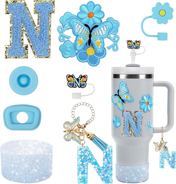 15PCS Cup Accessories Set for Stanley Cup 30oz 40oz Tumbler with Handle, Including Silicone Straw Cover and Boot, Spill Proof Stopper, Stanley Charms, Handle Charm, Initials Sticker