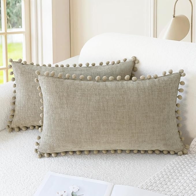 CaliTime Decorative Couch Throw Pillow Covers 20 X 12 Inches Taupe | Pack of 2, Cozy Chenille Cushion Cases, with Pom Poms for Sofa Bed Living Room Farmhouse Home