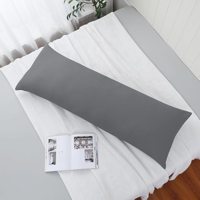 100% Egyptian Cotton 600 TC Waffle Weave Body Pillowcase with Zipper | 1 Pack Ultra Soft Breathable Pillow Cover, Skin-Friendly Bed Pillow Sham, Body Pillow Case Cover, Dark Grey, 20" x 54"