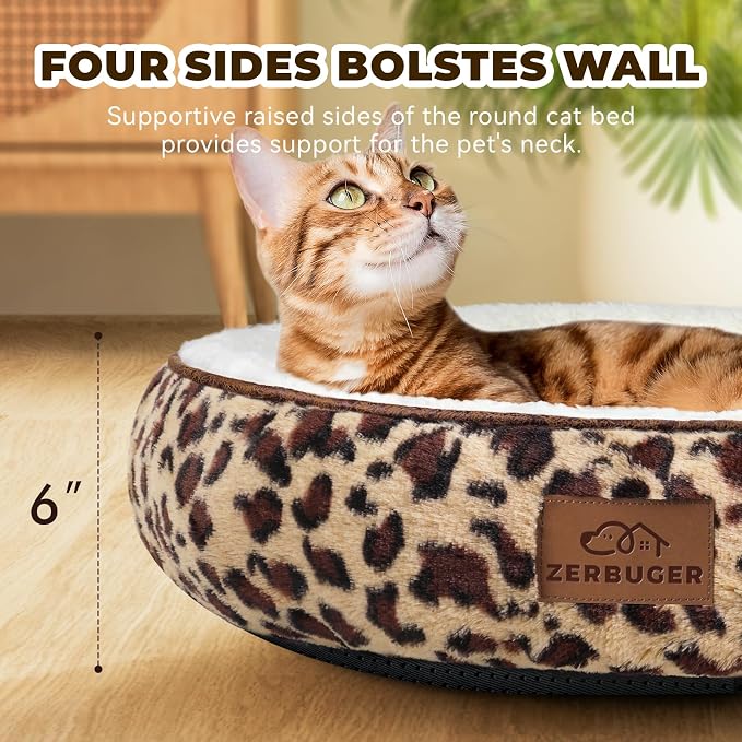 Zerbuger 20in Leopard Round Dog Bed Sofa for Dogs Cats, Machine Washable | for Small/Medium/Large Dogs Cats, Foam Pet Couch with Removable Mat Non-Slip Bottom, Pet Cuddler for Indoor/Outdoor/Car/Cage