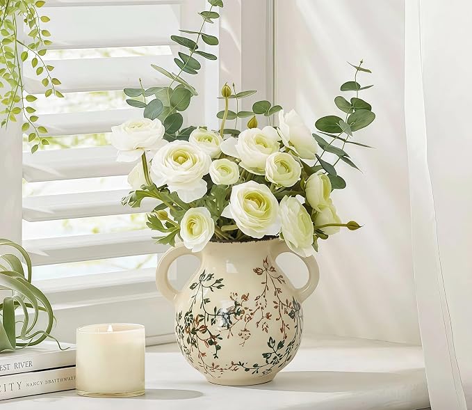 LIFFY Vintage Pastoral Vase with Handles, Retro Ceramic Flower Vase, Green and Beige Rustic Farmhouse Vases Chinoiserie Floral Large Vase for Home Decor, Living Room, Kitchen, Bedroom 6.3 Inch